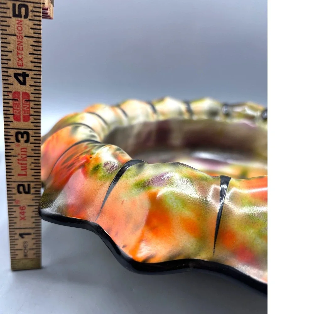Vintage‎ Ceramic Art Pottery Scalloped Bowl Orange Green Drip Glaze 9.5